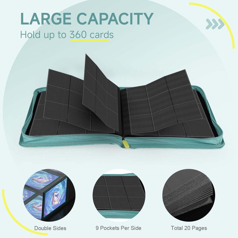 Deoyibu 9 Pocket Card Binder 360 Pockets Trading Card Binder Double Sided Pocket Collection Binder Card Folder for MTG TCG Game Cards Sport Cards Green - Image 4